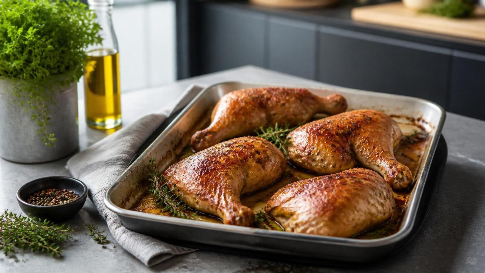 découvrez notre recette simple et savoureuse de cuisse de poulet rôtie au four, pour une peau délicieusement croustillante et une chair tendre à souhait.