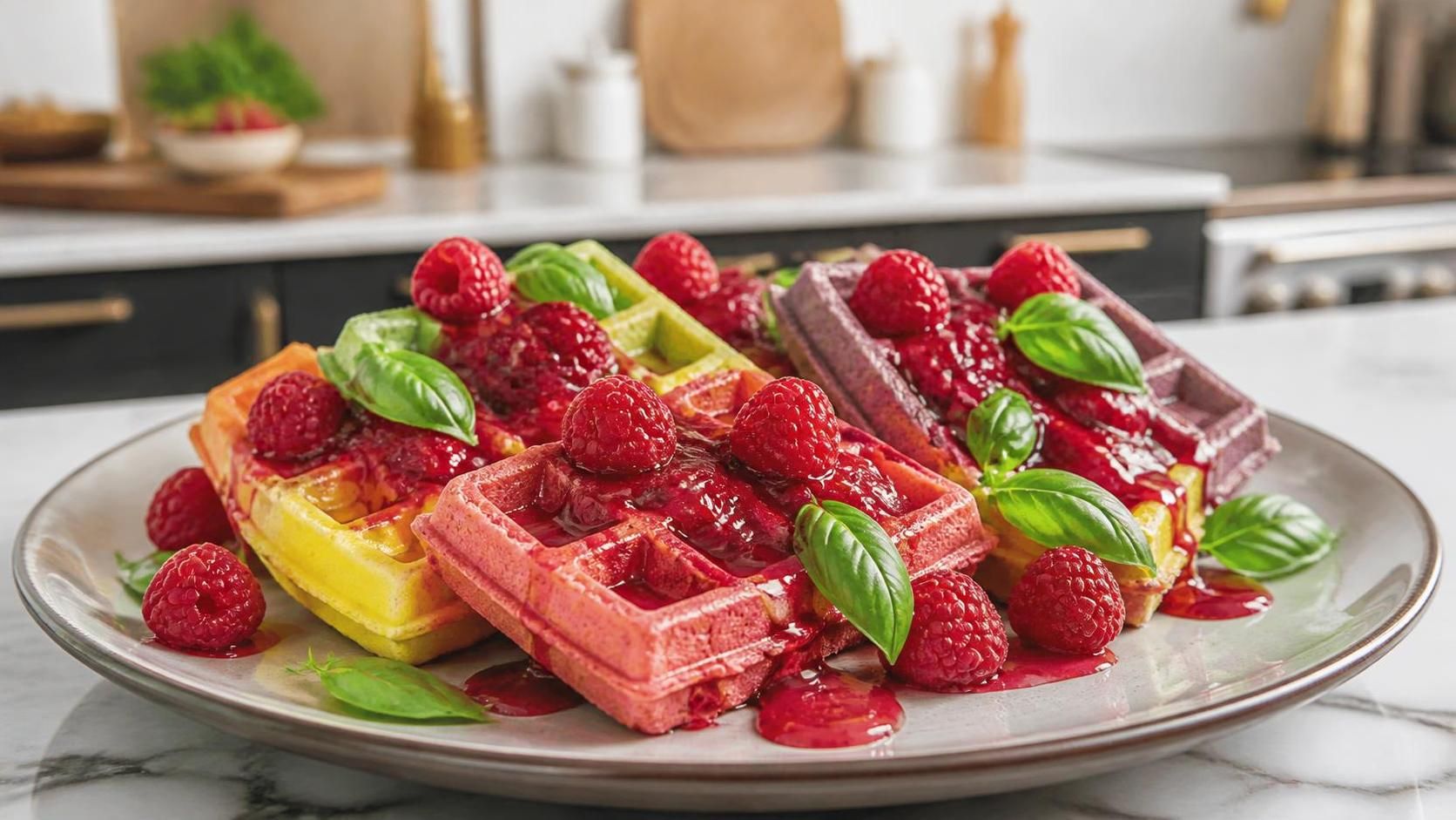 savourez nos gaufres arc-en-ciel parfumées à la framboise et au basilic, un délice coloré alliant douceur fruitée et fraîcheur aromatique pour une expérience gourmande unique.