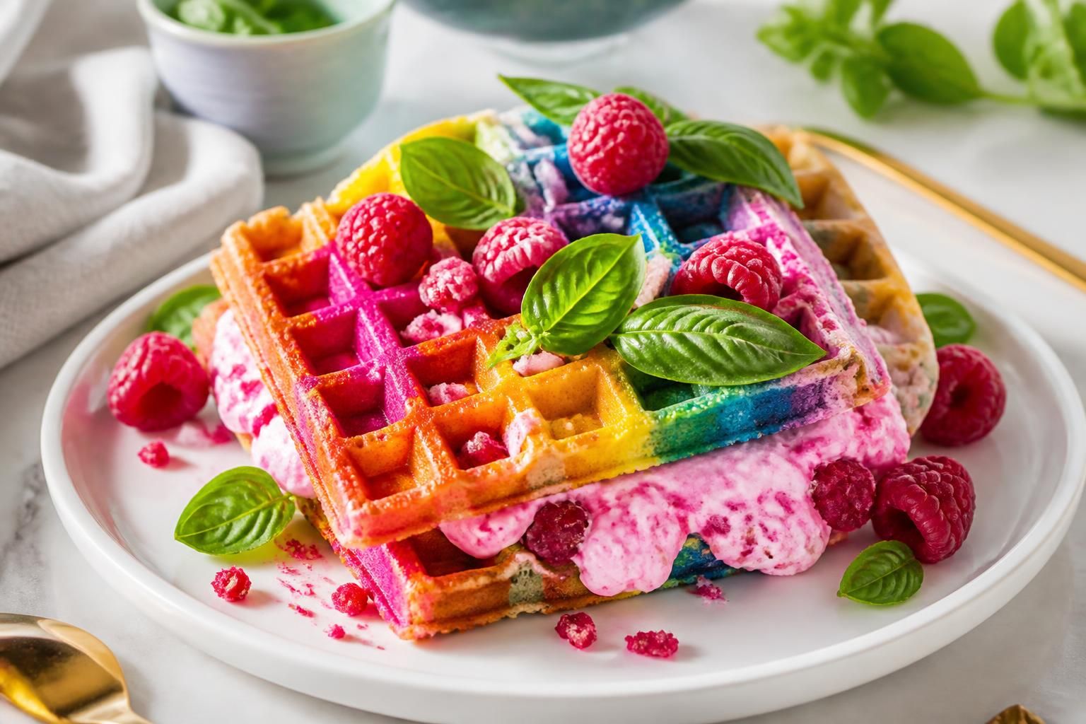savourez nos gaufres arc-en-ciel délicieusement parfumées à la framboise et au basilic, un délice coloré qui ravira vos papilles et égayera vos petits-déjeuners.