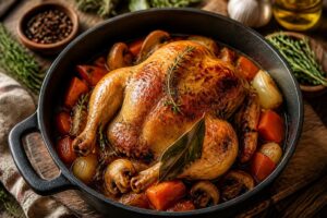 Délicieux chapon mijoté en cocotte, nappé d’une sauce gourmande