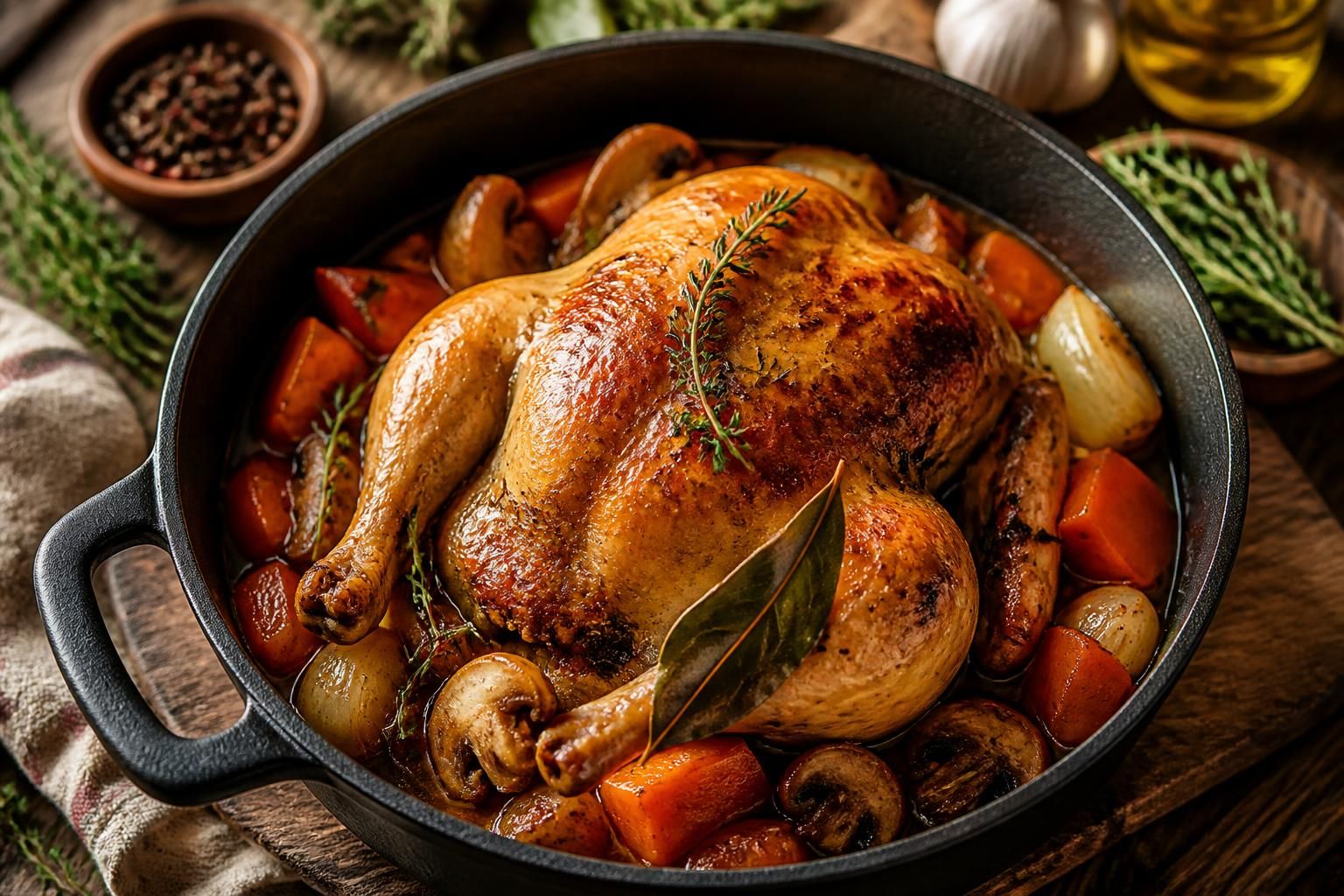 savourez un chapon mijoté en cocotte, tendre et parfumé, généreusement nappé d'une sauce gourmande pour un repas chaleureux et raffiné.