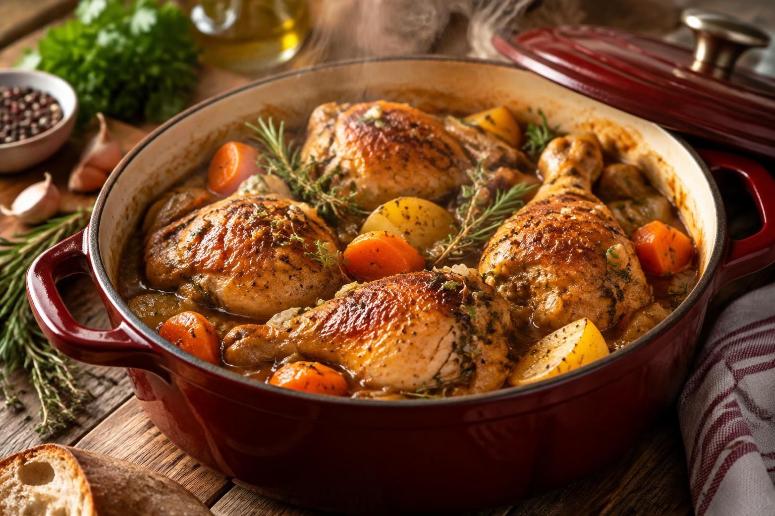 savourez des cuisses de poulet tendres et parfumées, mijotées en cocotte avec des ingrédients simples pour un repas généreux et réconfortant.